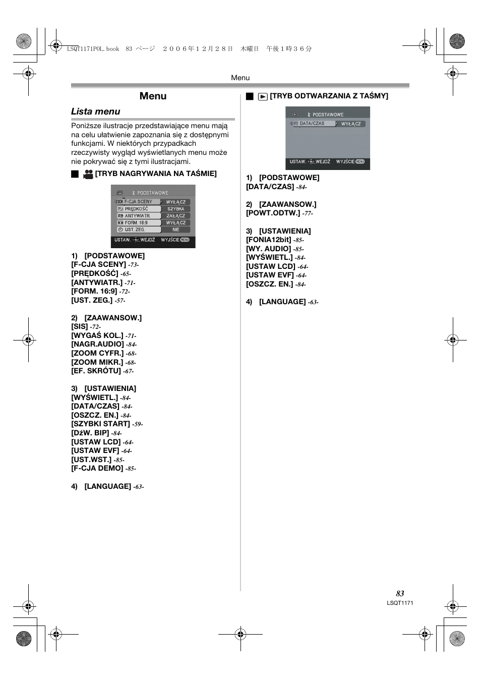 Menu, Lista menu | Panasonic NVGS60EP User Manual | Page 83 / 192