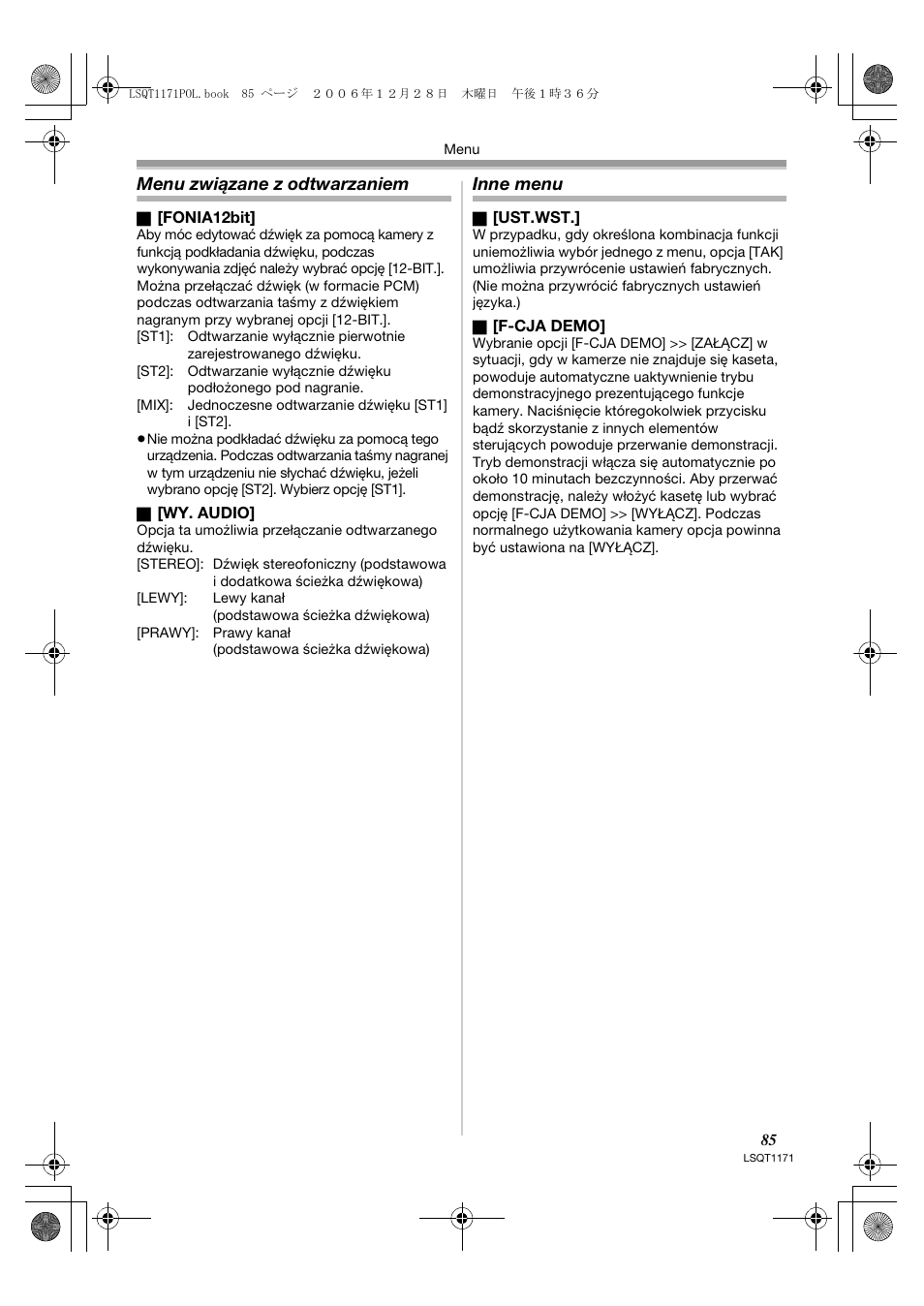 Menu związane z odtwarzaniem, Inne menu | Panasonic NVGS60EP User Manual | Page 85 / 192
