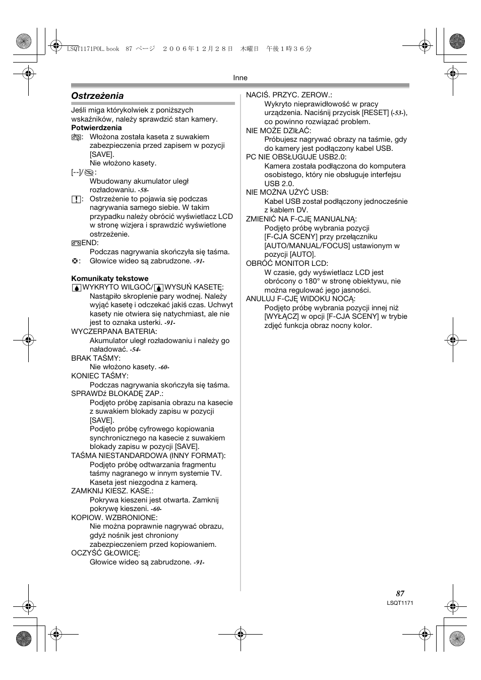 Ostrzeżenia | Panasonic NVGS60EP User Manual | Page 87 / 192