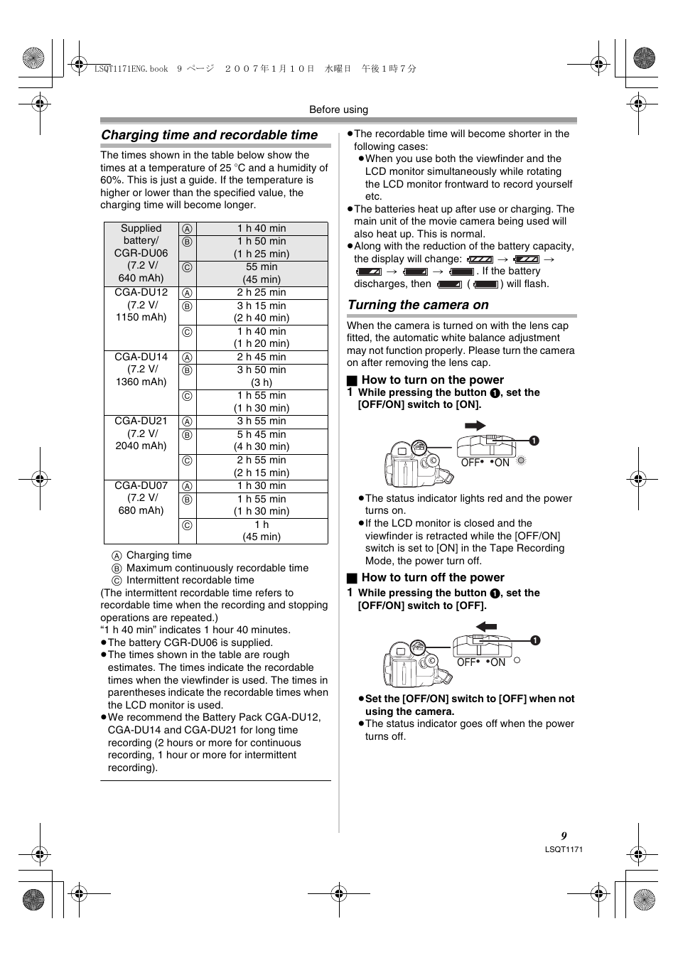Charging time and recordable time, Turning the camera on | Panasonic NVGS60EP User Manual | Page 9 / 192