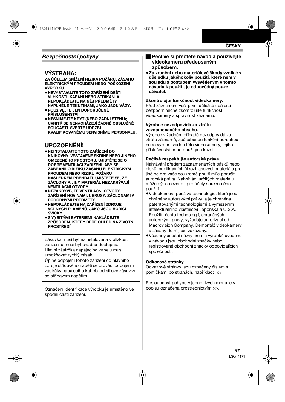 Bezpečnostní pokyny, Výstraha, Upozornění | Panasonic NVGS60EP User Manual | Page 97 / 192