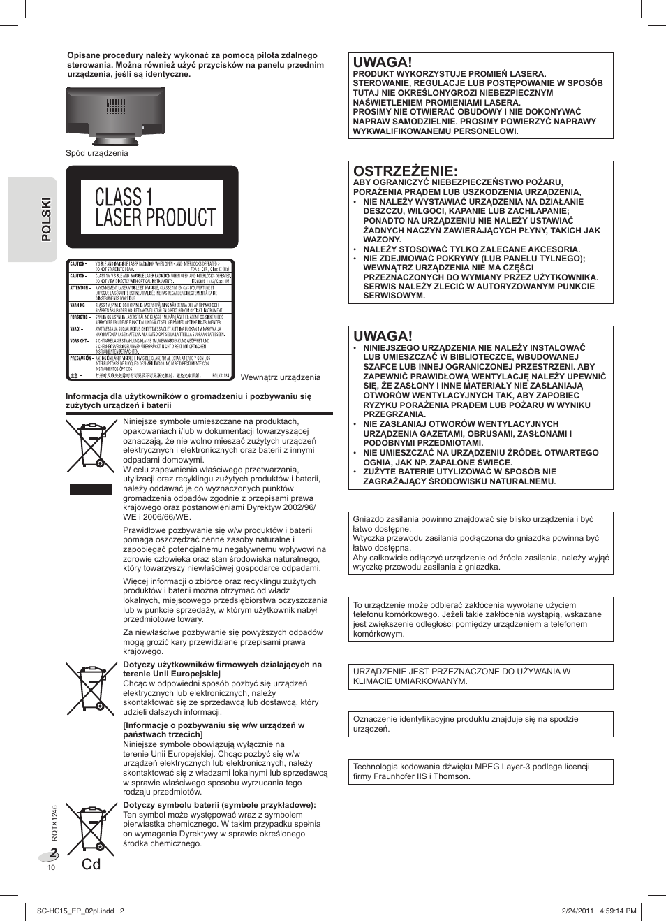 Sc-hc15_ep_pl, Uwaga, Ostrzeżenie | Panasonic SCHC15EP User Manual | Page 10 / 44