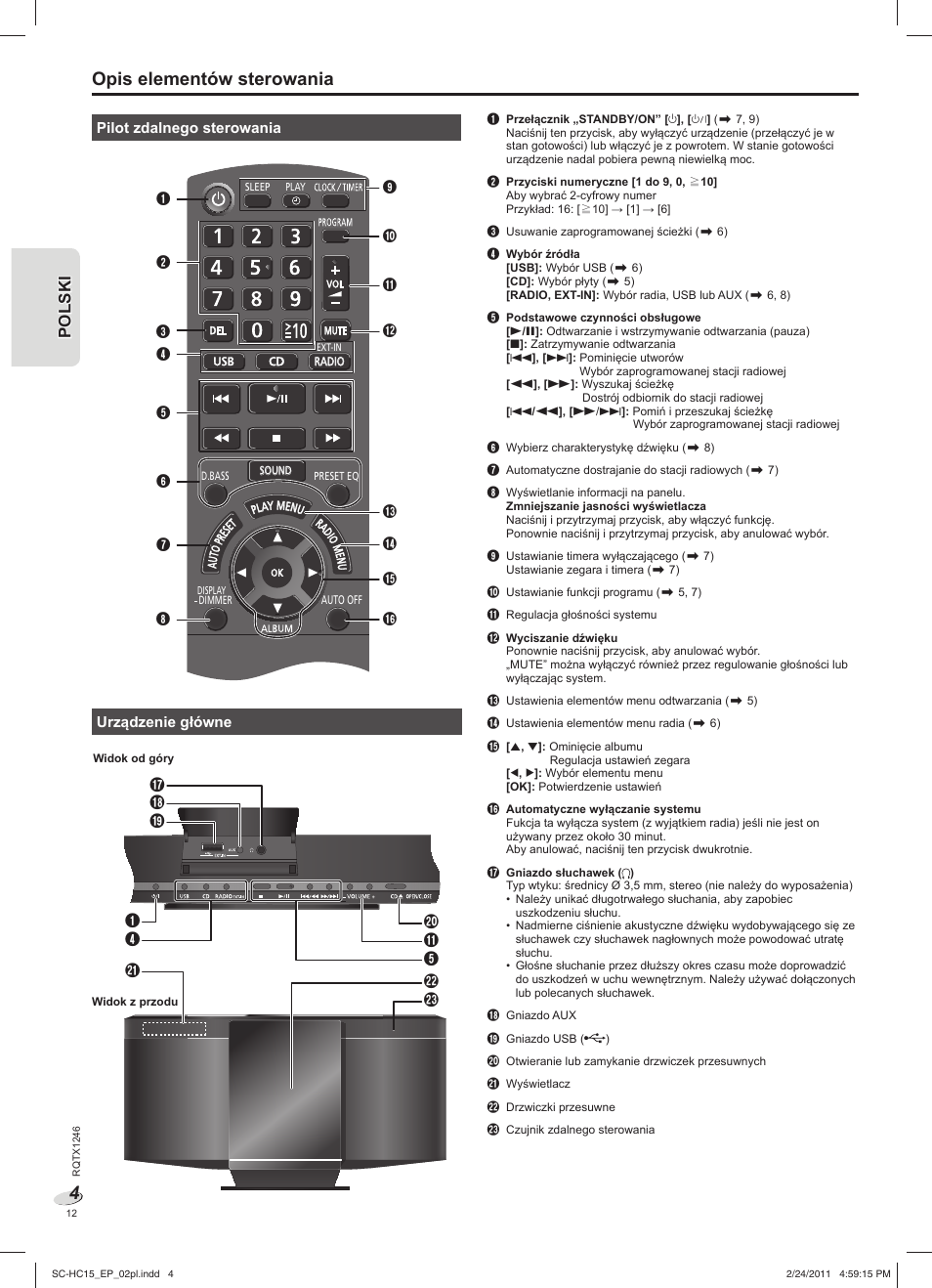 Opis elementów sterowania | Panasonic SCHC15EP User Manual | Page 12 / 44