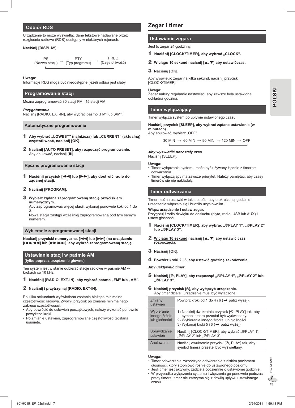 Zegar i timer | Panasonic SCHC15EP User Manual | Page 15 / 44