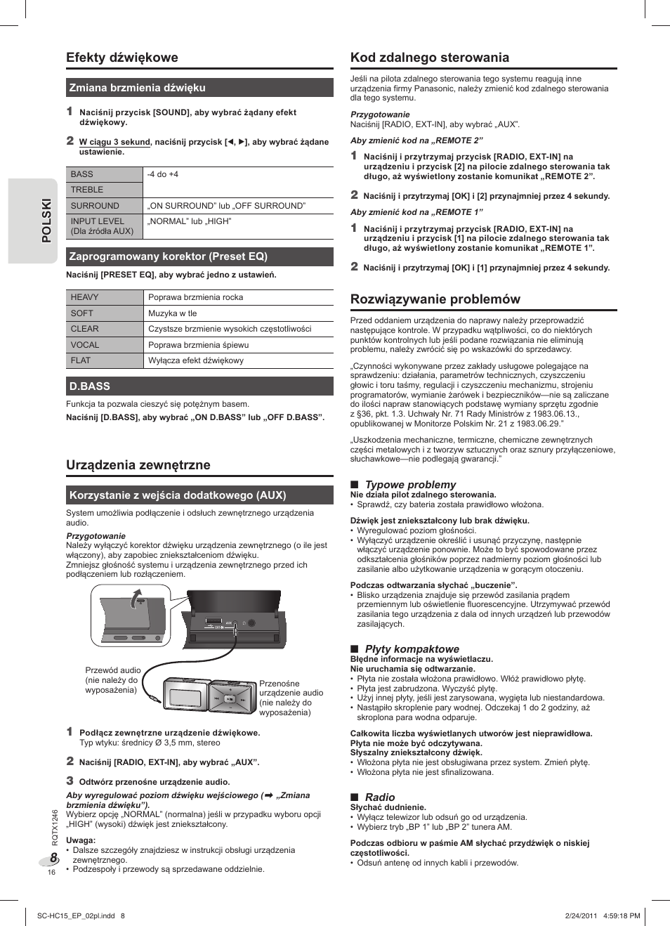 Urządzenia zewnętrzne, Kod zdalnego sterowania, Rozwiązywanie problemów | Efekty dźwiękowe | Panasonic SCHC15EP User Manual | Page 16 / 44