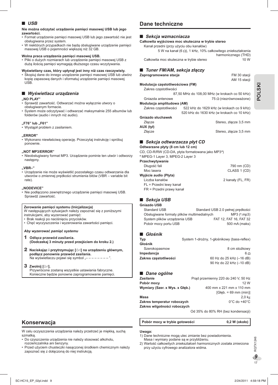 Dane techniczne, Konserwacja | Panasonic SCHC15EP User Manual | Page 17 / 44