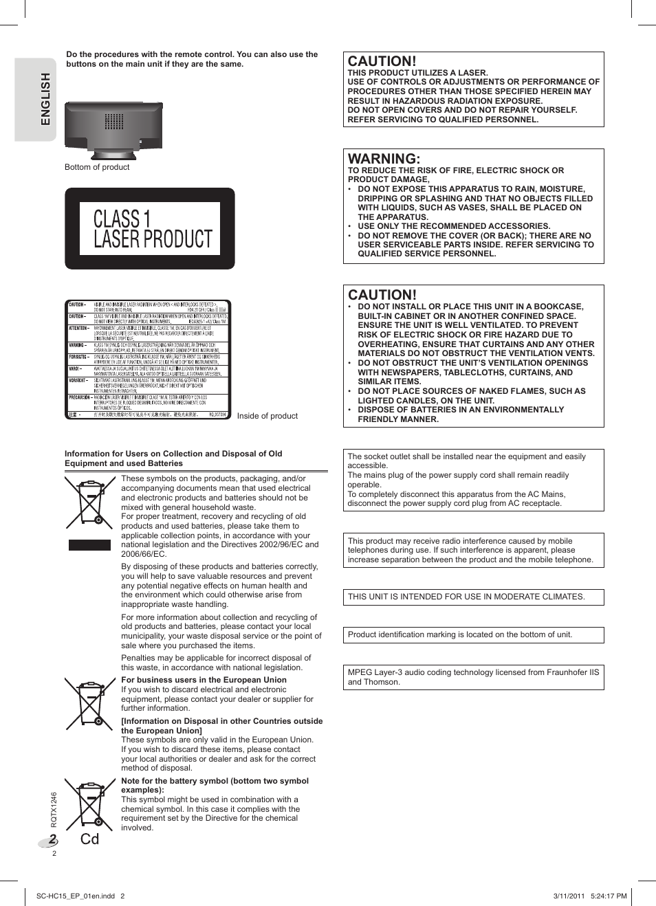 Caution, Warning, En g l is h engl ish | Panasonic SCHC15EP User Manual | Page 2 / 44