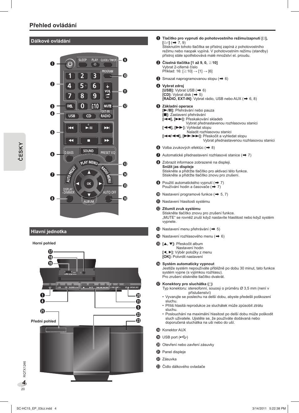 Přehled ovládání | Panasonic SCHC15EP User Manual | Page 20 / 44