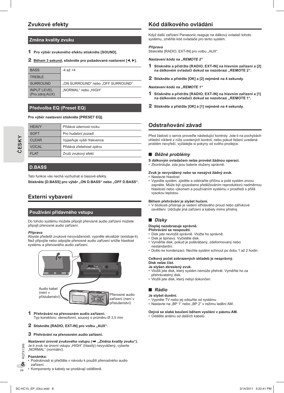 Externí vybavení, Kód dálkového ovládání, Odstraňování závad | Zvukové efekty | Panasonic SCHC15EP User Manual | Page 24 / 44