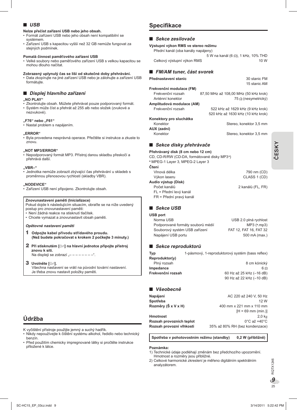 Specifikace, Údržba | Panasonic SCHC15EP User Manual | Page 25 / 44