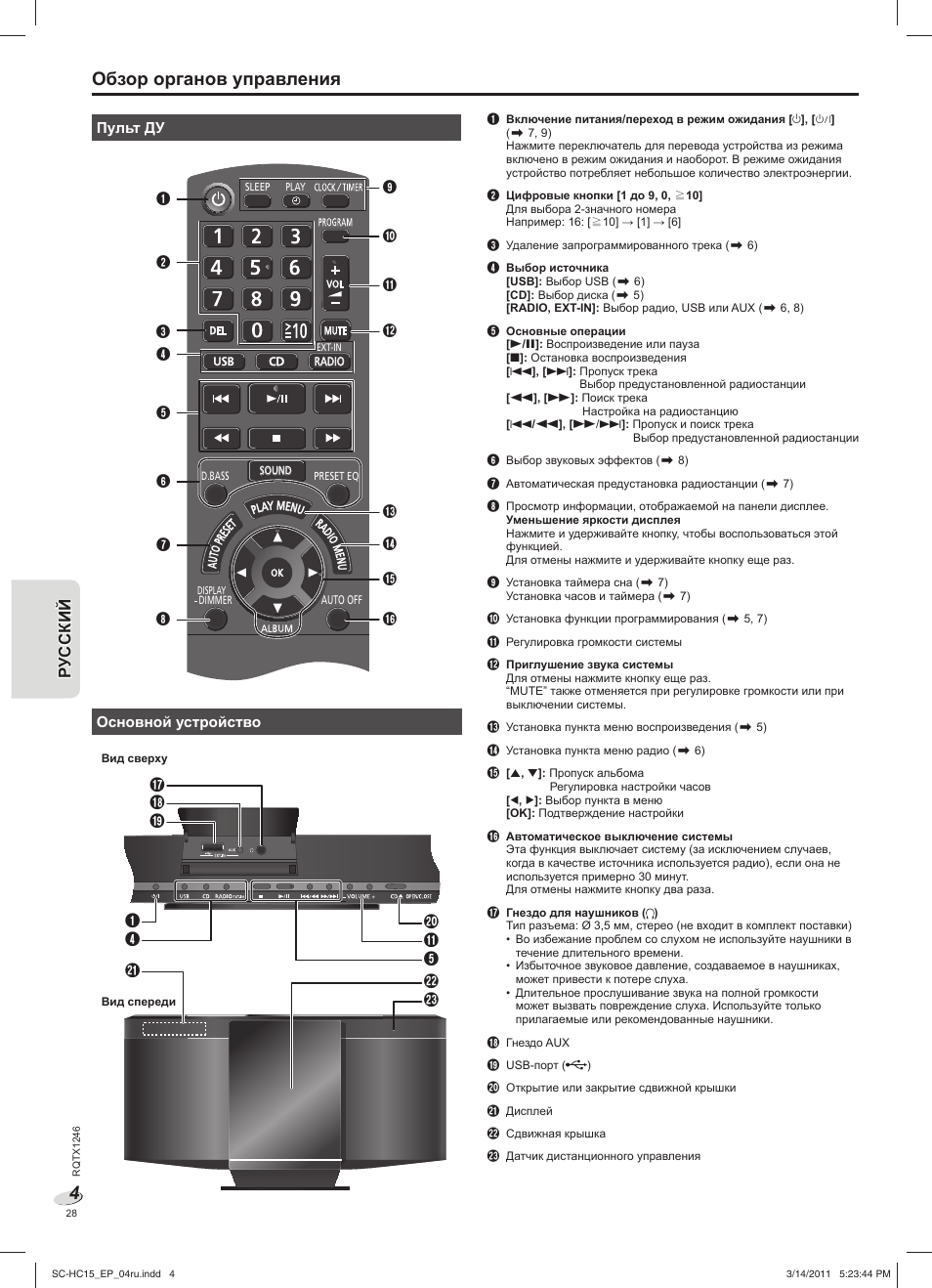 Oбзор органов управления | Panasonic SCHC15EP User Manual | Page 28 / 44