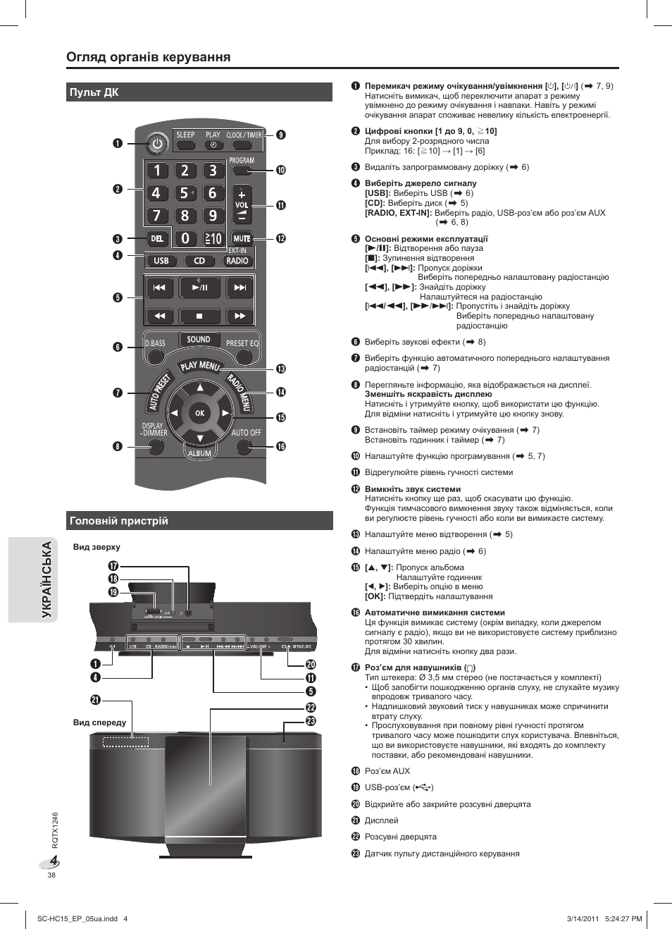 Огляд органів керування | Panasonic SCHC15EP User Manual | Page 38 / 44