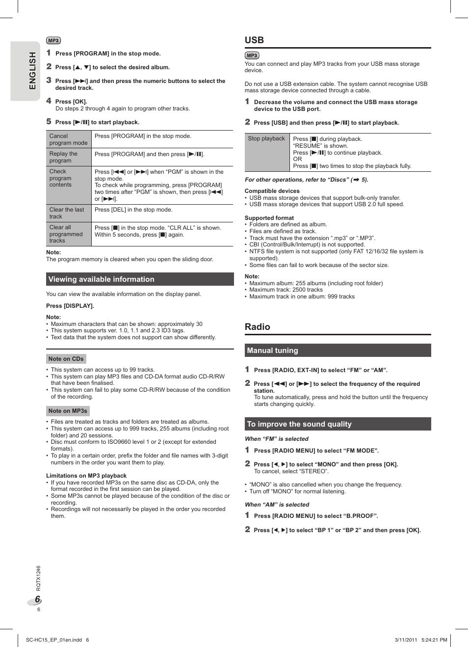Radio, En g l is h engl ish | Panasonic SCHC15EP User Manual | Page 6 / 44