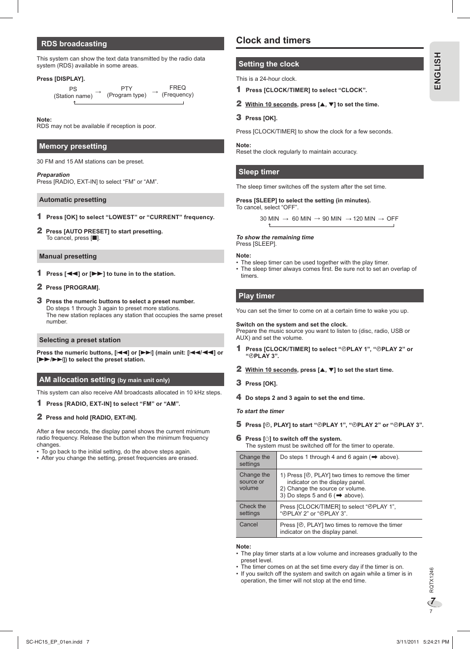 Clock and timers, En g l is h engl ish | Panasonic SCHC15EP User Manual | Page 7 / 44