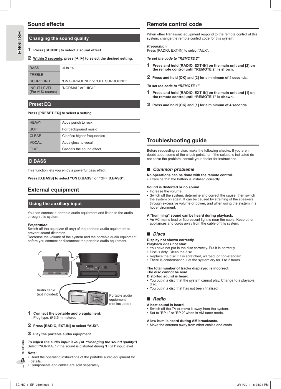 External equipment, Remote control code, Troubleshooting guide | Sound effects, En g l is h engl ish | Panasonic SCHC15EP User Manual | Page 8 / 44