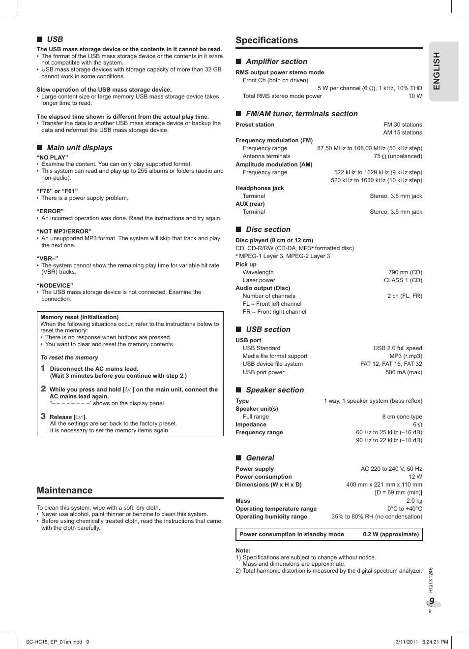 Specifications, Maintenance, En g l is h engl ish | Panasonic SCHC15EP User Manual | Page 9 / 44