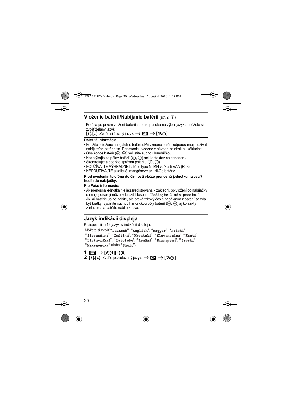 Vloženie batérií/nabíjanie batérií, Jazyk indikácií displeja | Panasonic KXTGA551FX User Manual | Page 20 / 76