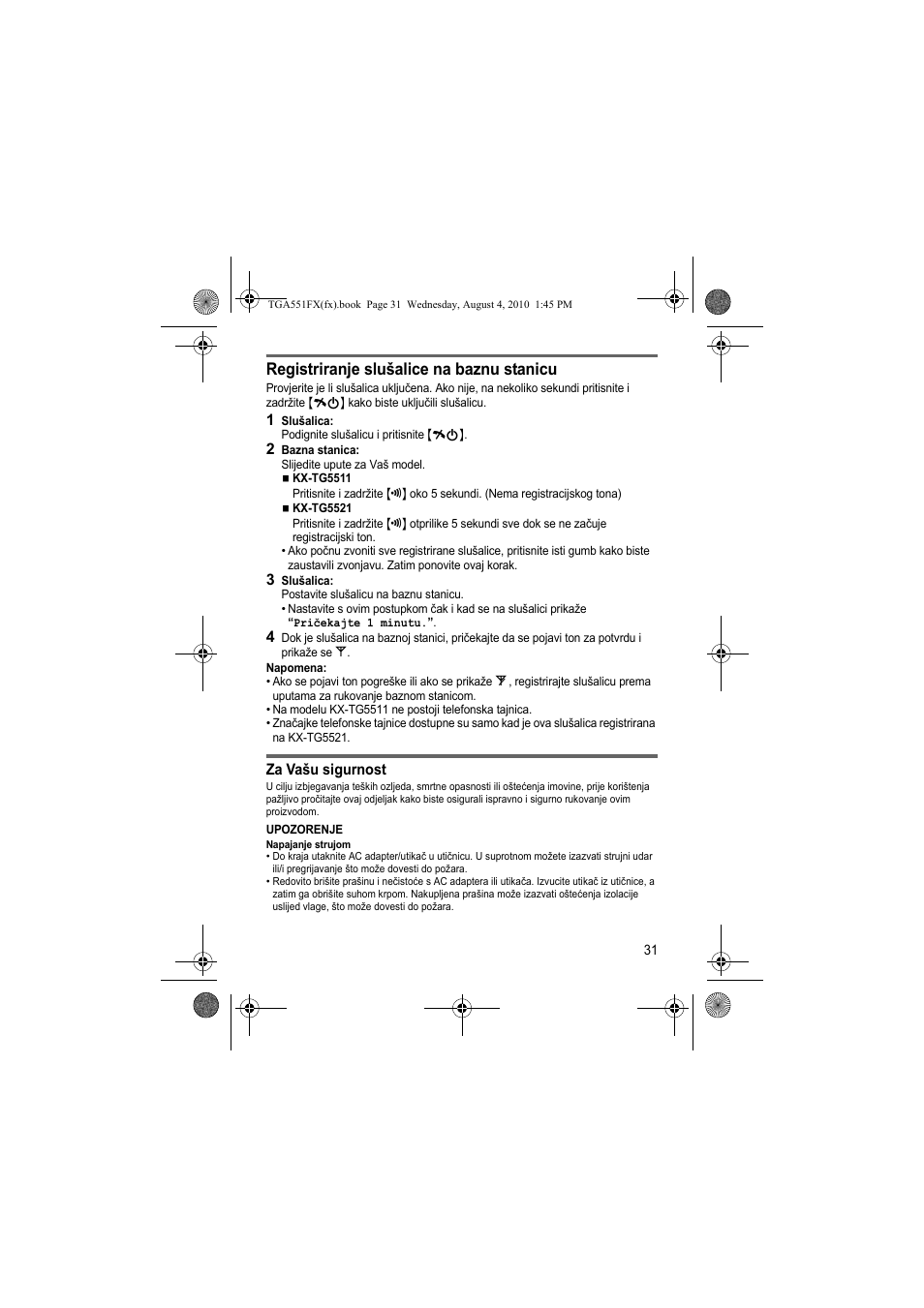 Registriranje slušalice na baznu stanicu | Panasonic KXTGA551FX User Manual | Page 31 / 76