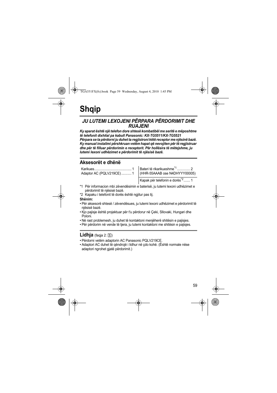 Shqip, Ju lutemi lexojeni përpara përdorimit dhe ruajeni, Aksesorët e dhënë | Lidhja | Panasonic KXTGA551FX User Manual | Page 59 / 76