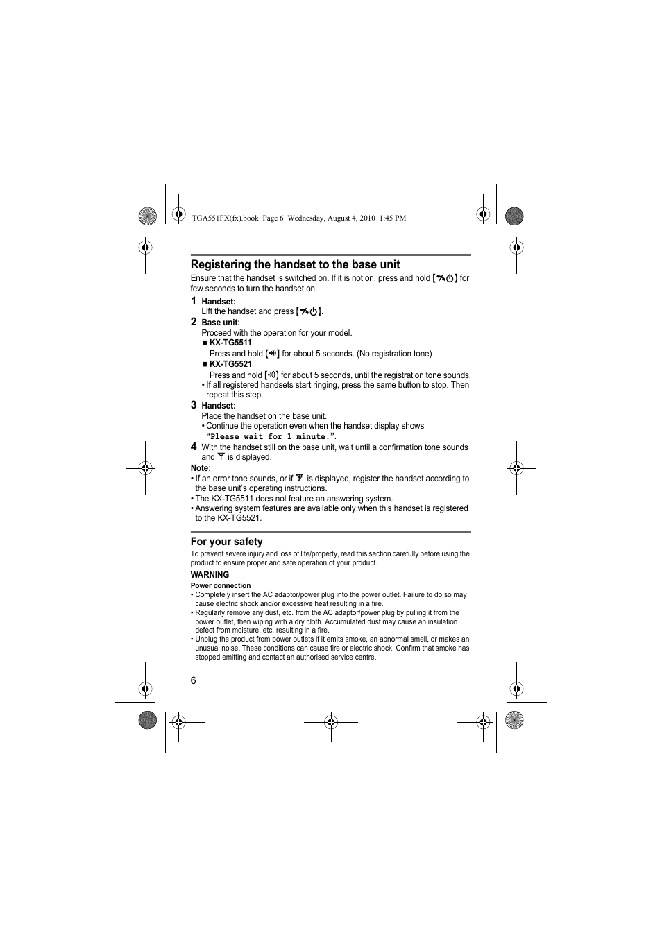 Registering the handset to the base unit | Panasonic KXTGA551FX User Manual | Page 6 / 76