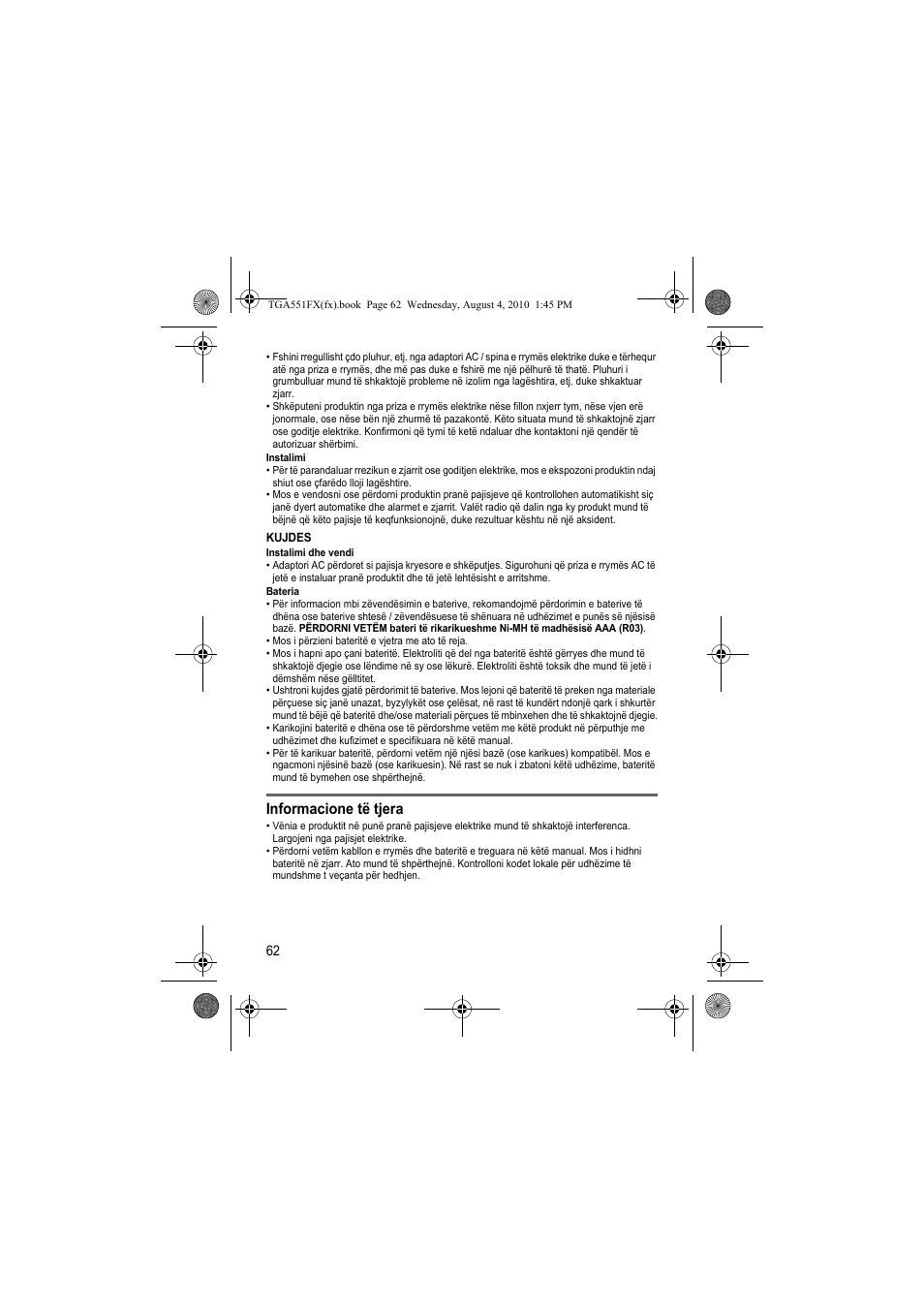 Informacione të tjera | Panasonic KXTGA551FX User Manual | Page 62 / 76