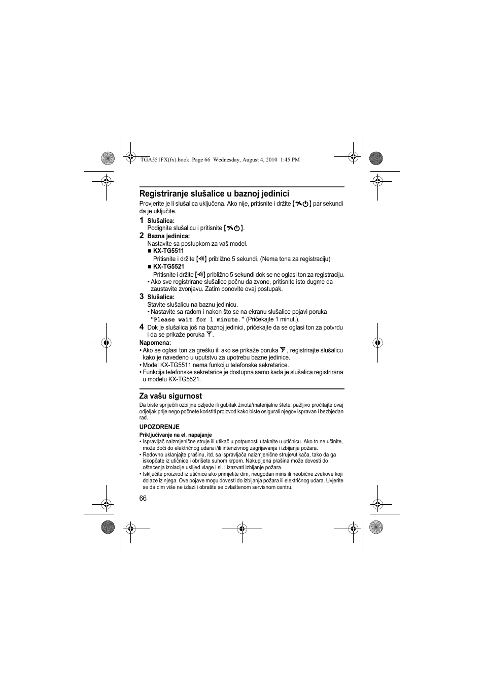 Registriranje slušalice u baznoj jedinici | Panasonic KXTGA551FX User Manual | Page 66 / 76