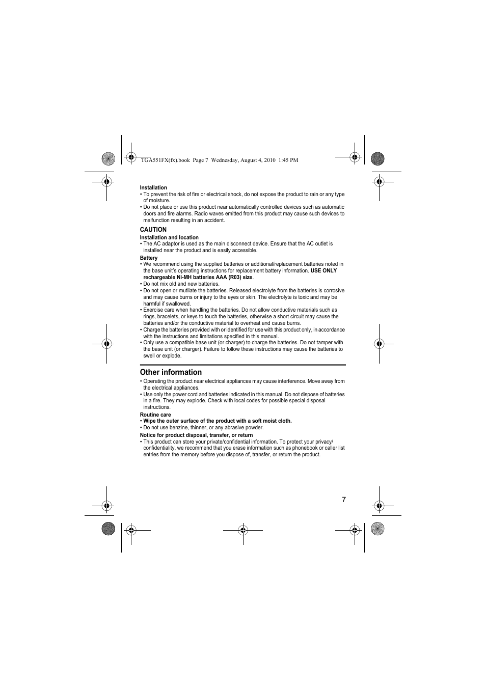 Other information | Panasonic KXTGA551FX User Manual | Page 7 / 76