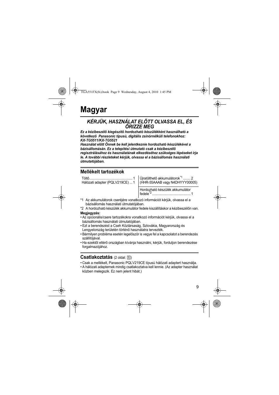 Magyar, Kérjük, használat előtt olvassa el, és őrizze meg, Mellékelt tartozékok | Csatlakoztatás | Panasonic KXTGA551FX User Manual | Page 9 / 76