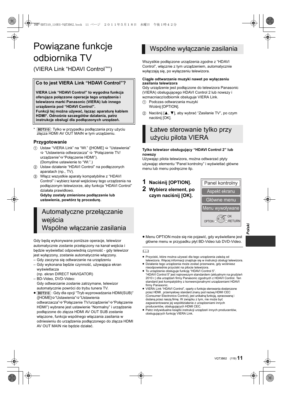 Powiązane funkcje odbiornika tv, Viera link “hdavi control | Panasonic DMPBDT210 User Manual | Page 119 / 136