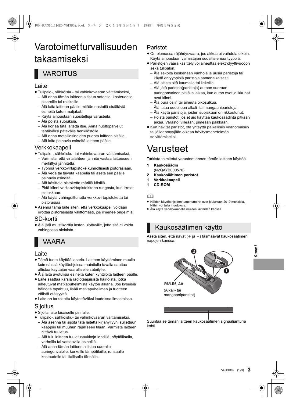 Varotoimet turvallisuuden takaamiseksi, Varusteet, Varoitus vaara | Kaukosäätimen käyttö, Laite, Verkkokaapeli, Sd-kortti, Sijoitus, Paristot | Panasonic DMPBDT210 User Manual | Page 123 / 136