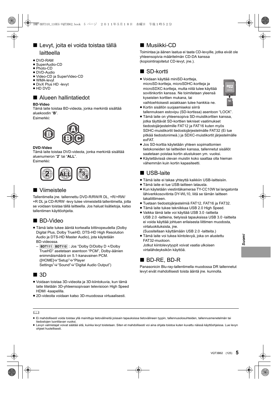 Levyt, joita ei voida toistaa tällä laitteella, Alueen hallintatiedot, Viimeistele | Bd-video, Musiikki-cd, Sd-kortti, Usb-laite, Bd-re, bd-r | Panasonic DMPBDT210 User Manual | Page 125 / 136