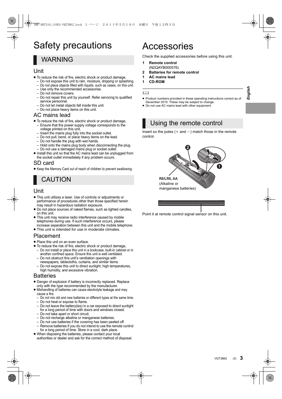 Safety precautions, Accessories, Warning caution | Using the remote control, Unit, Ac mains lead, Sd card, Placement, Batteries | Panasonic DMPBDT210 User Manual | Page 3 / 136
