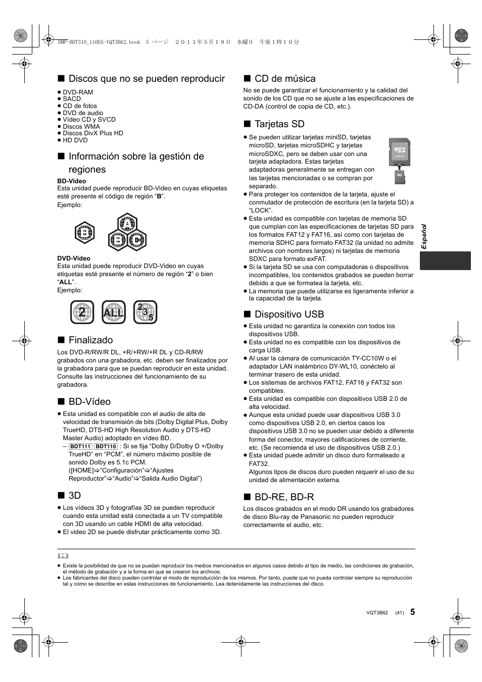 Discos que no se pueden reproducir, Información sobre la gestión de regiones, Finalizado | Bd-vídeo, Cd de música, Tarjetas sd, Dispositivo usb, Bd-re, bd-r | Panasonic DMPBDT210 User Manual | Page 41 / 136