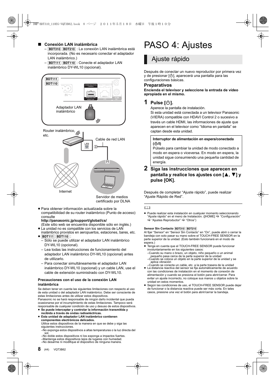 Paso 4: ajustes, Ajuste rápido | Panasonic DMPBDT210 User Manual | Page 44 / 136