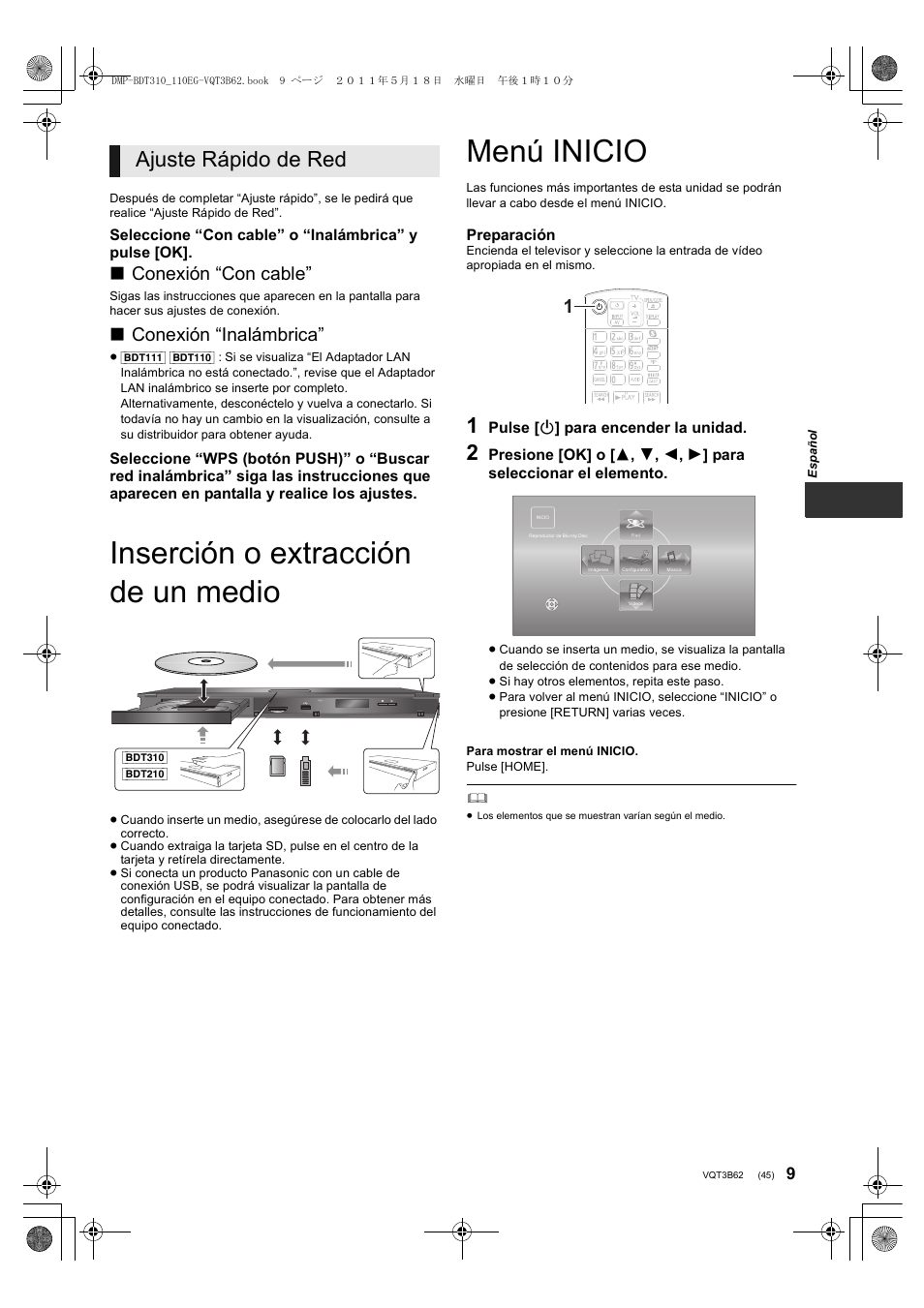 Inserción o extracción de un medio, Menú inicio, Ajuste rápido de red | Conexión “con cable, Conexión “inalámbrica | Panasonic DMPBDT210 User Manual | Page 45 / 136