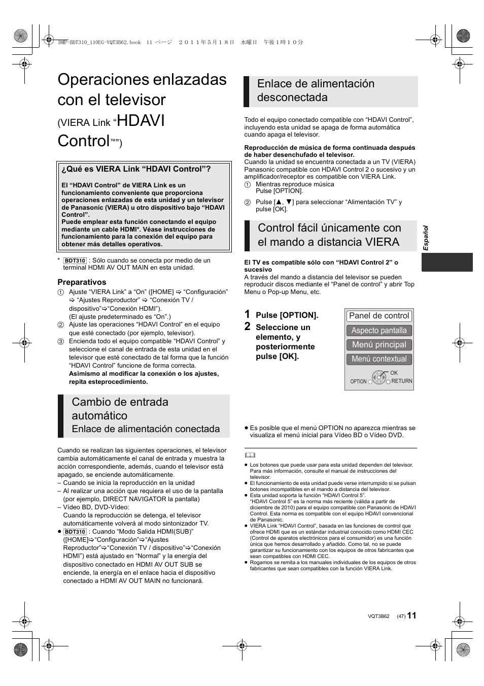 Operaciones enlazadas con el televisor, Hdavi control, Cambio de entrada automático | Viera link, Enlace de alimentación conectada | Panasonic DMPBDT210 User Manual | Page 47 / 136