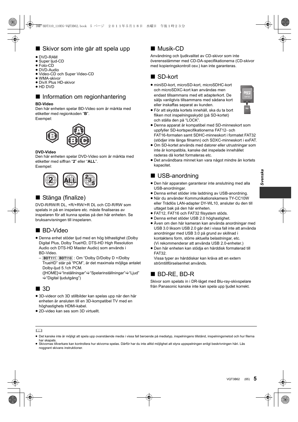 Skivor som inte går att spela upp, Information om regionhantering, Stänga (finalize) | Bd-video, Musik-cd, Sd-kort, Usb-anordning, Bd-re, bd-r | Panasonic DMPBDT210 User Manual | Page 65 / 136