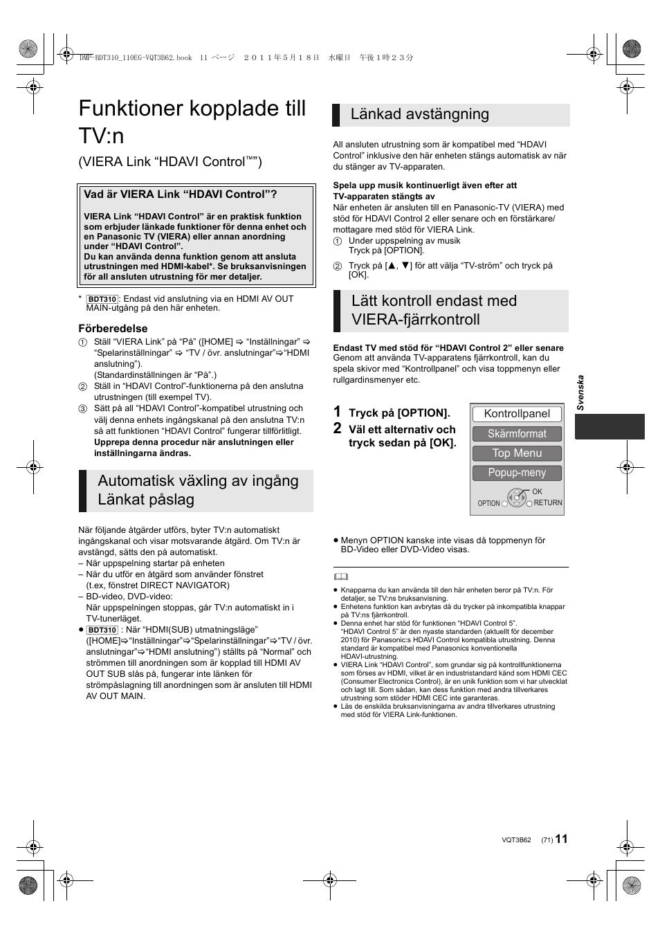 Funktioner kopplade till tv:n, Viera link “hdavi control | Panasonic DMPBDT210 User Manual | Page 71 / 136