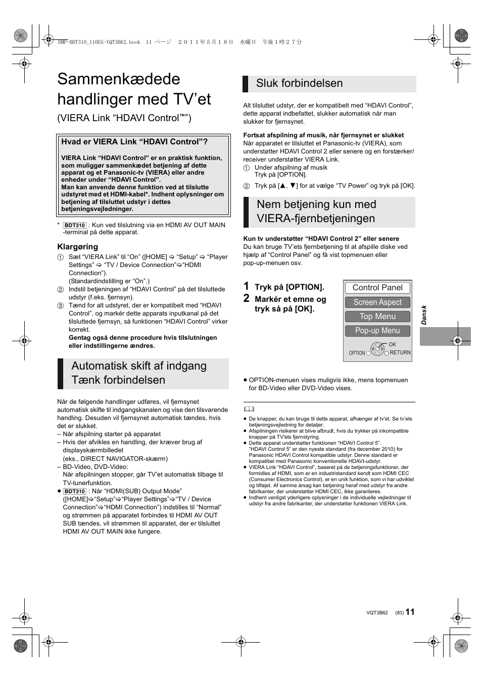 Sammenkædede handlinger med tv’et, Viera link “hdavi control | Panasonic DMPBDT210 User Manual | Page 83 / 136