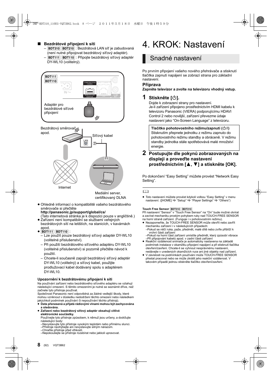 Krok: nastavení, Snadné nastavení | Panasonic DMPBDT210 User Manual | Page 92 / 136