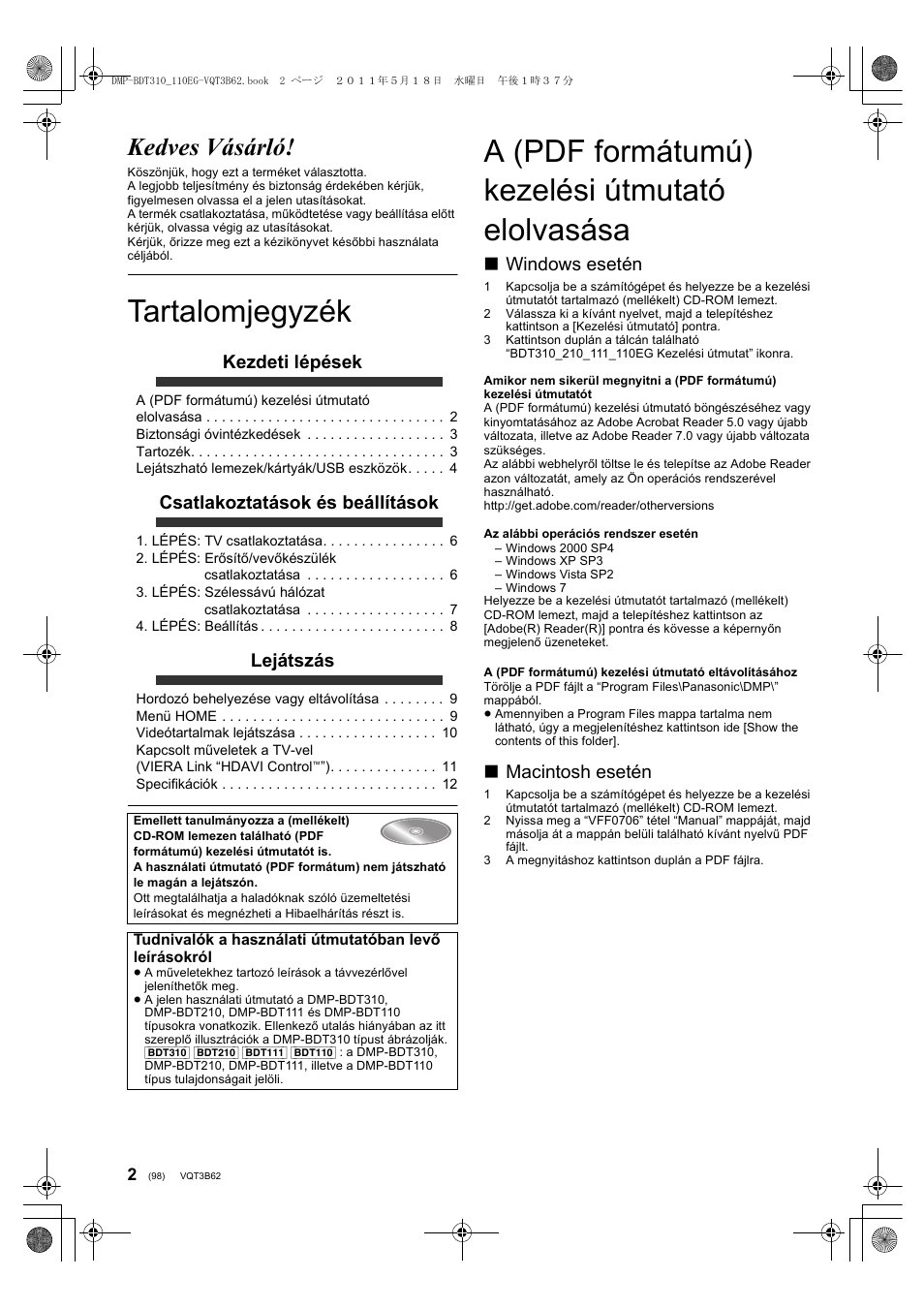 Tartalomjegyzék, A (pdf formátumú) kezelési útmutató elolvasása, Kedves vásárló | Kezdeti lépések, Csatlakoztatások és beállítások, Lejátszás, Windows esetén, Macintosh esetén | Panasonic DMPBDT210 User Manual | Page 98 / 136
