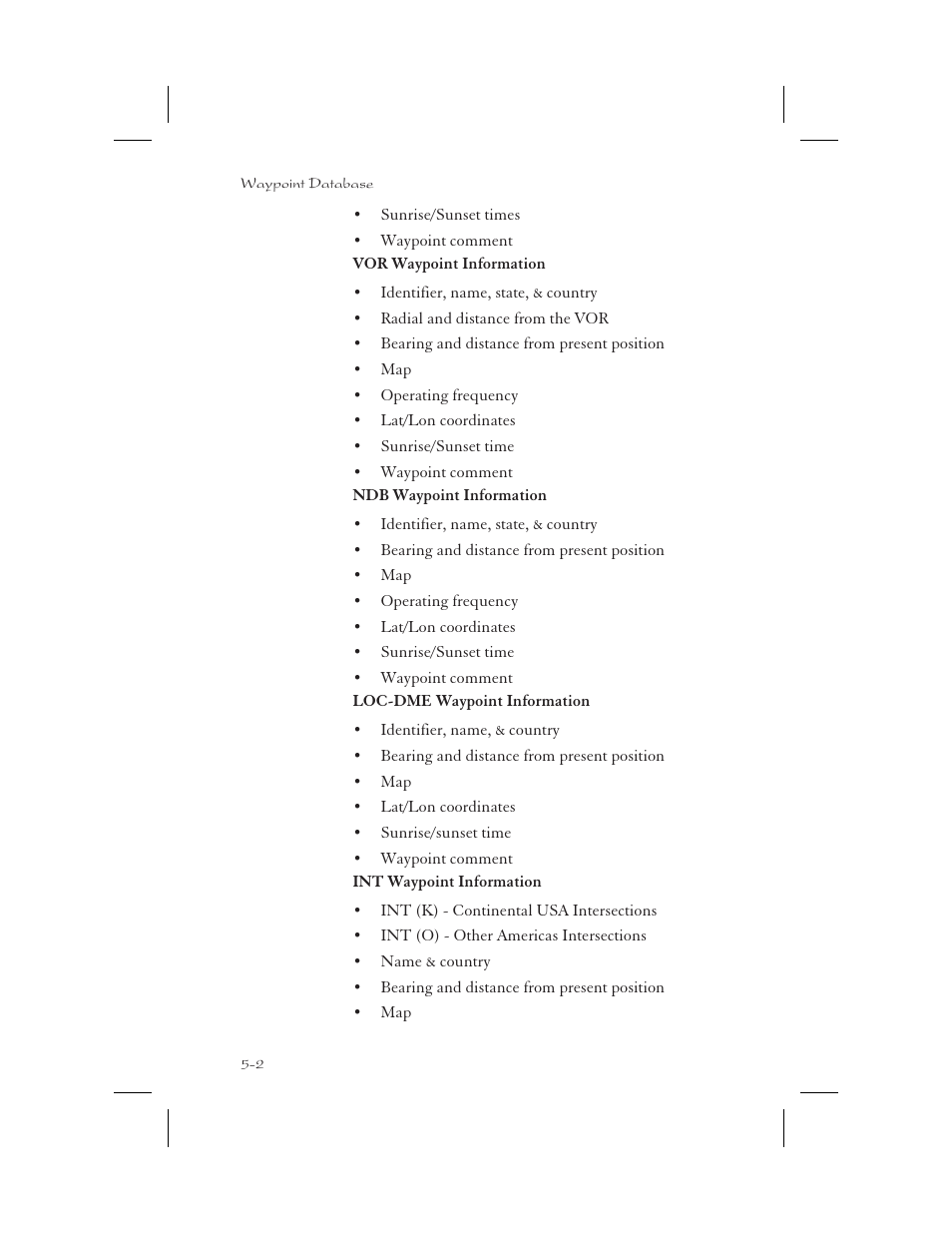 Intersection info 5-2, Ndb info 5-2, Vor info 5-2 | Apollo 65 User Manual | Page 112 / 324