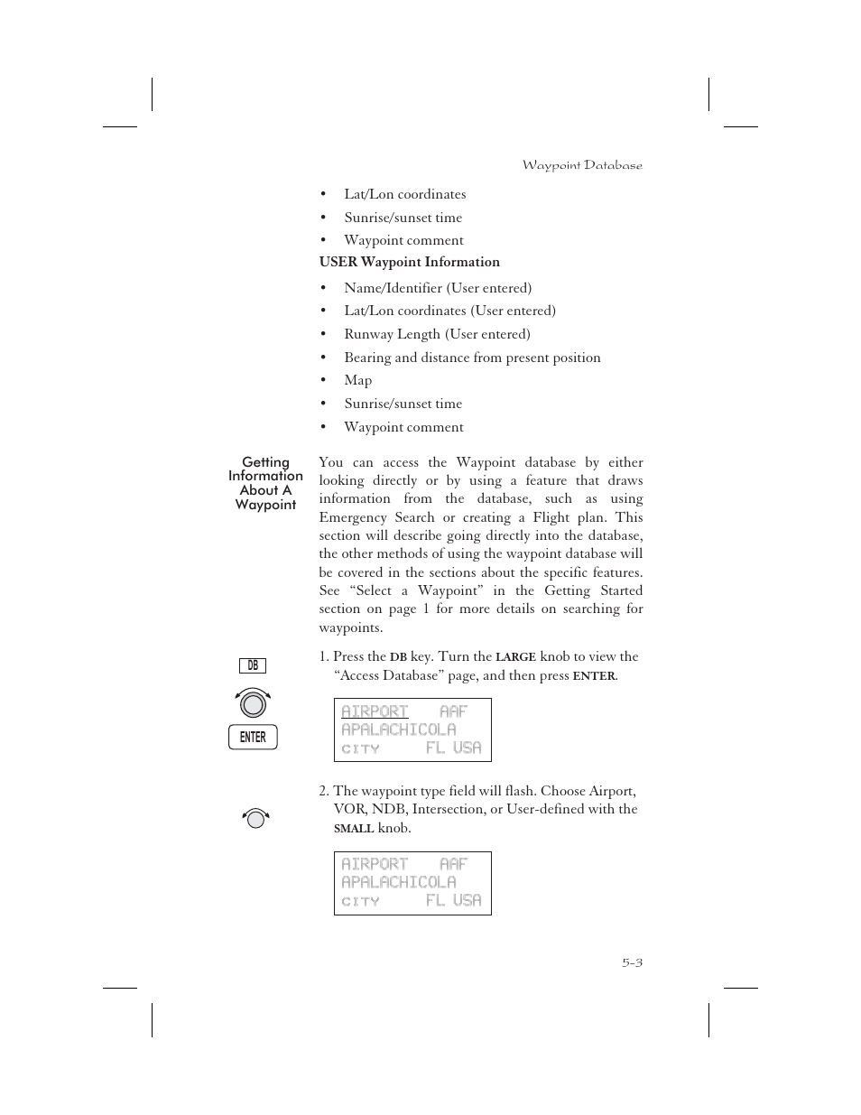 Getting information about a waypoint 5-3, Access database 5-3, Information 5-3 | User waypoint info 5-3, User info 5-3, Getting information about a waypoint -3 | Apollo 65 User Manual | Page 113 / 324