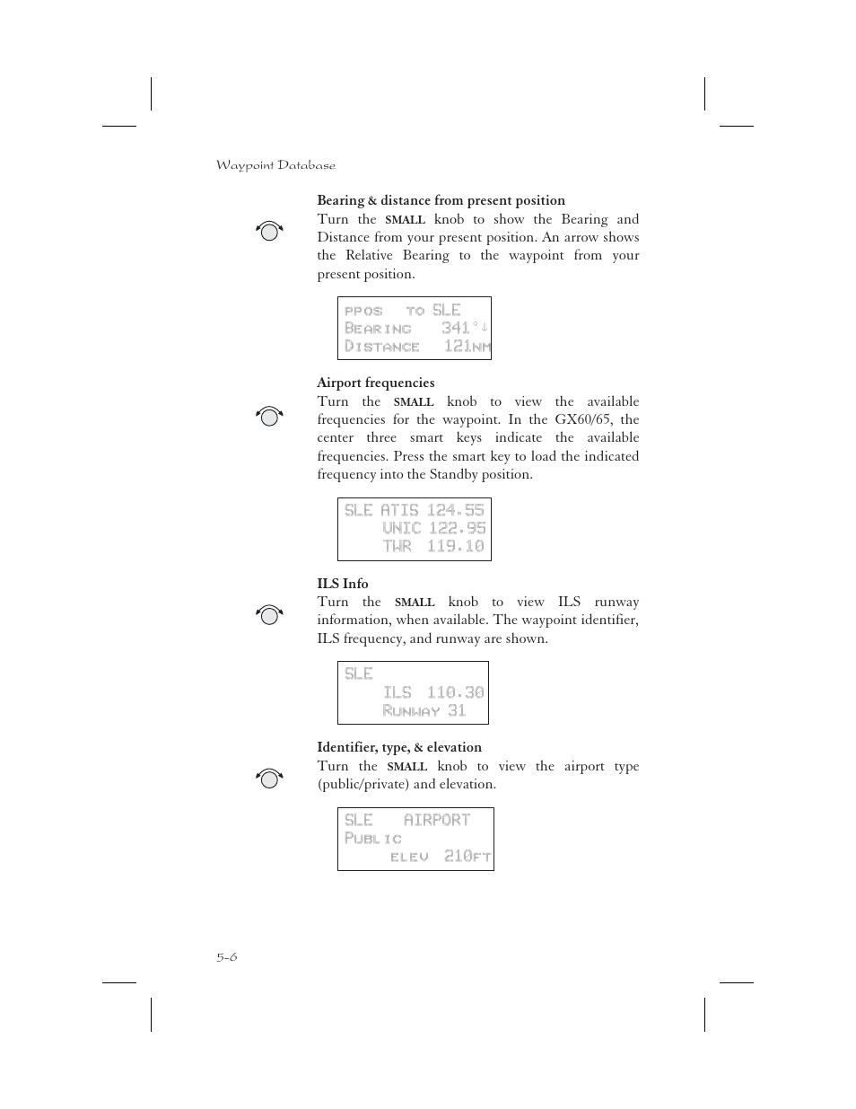 Airport elevation 5-6, Airport frequency 5-6, Elevation 5-6 | Ils runway 5-6 | Apollo 65 User Manual | Page 116 / 324