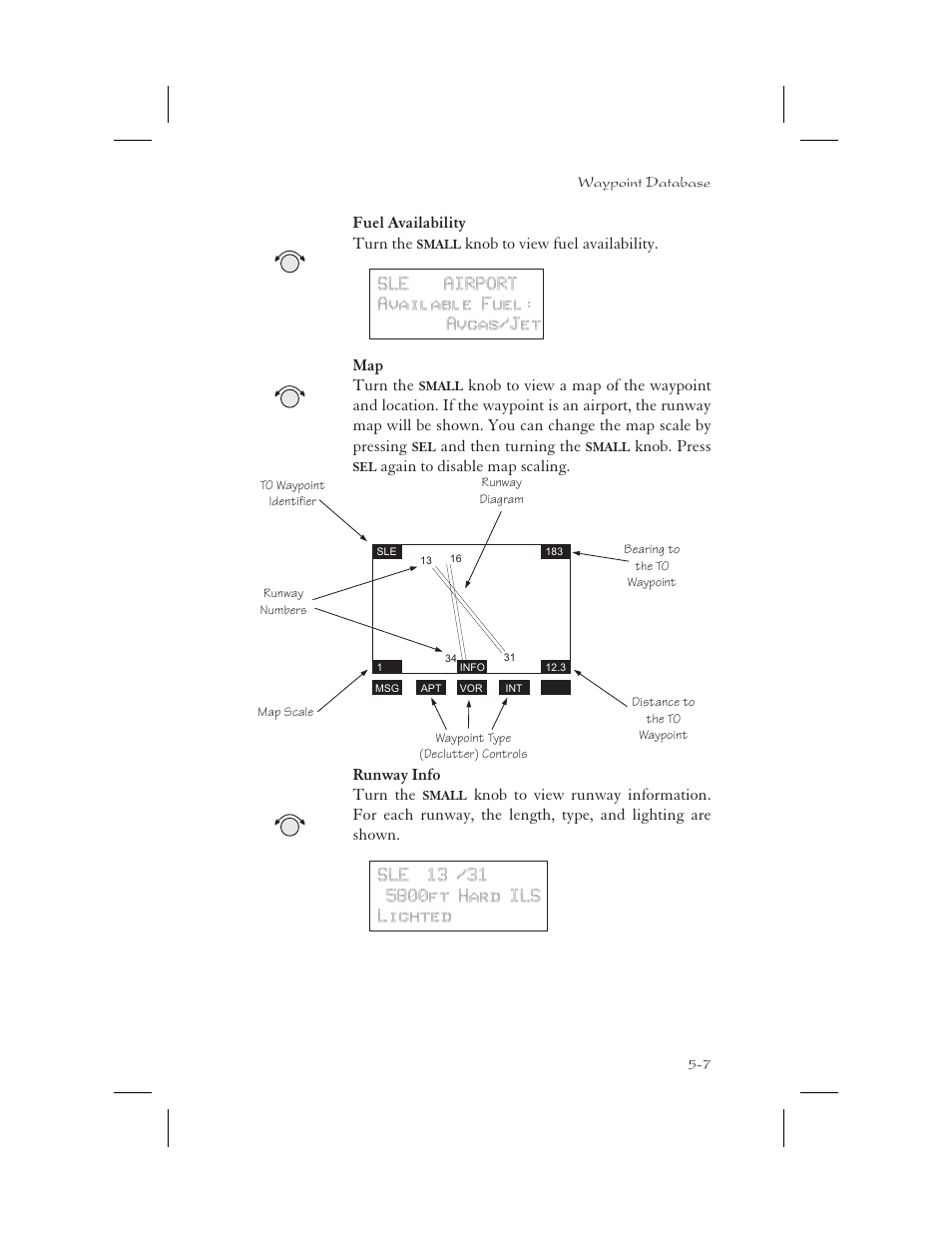 Fuel 5-7 - 6-8, Map 5-7, Runway info 5-7 | Apollo 65 User Manual | Page 117 / 324
