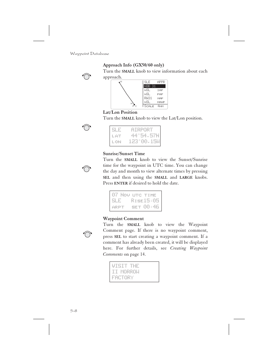 Waypoint info 5-8, Lat/lon position 5-8, Sunset/sunrise time 5-8 | Comment 5-8 | Apollo 65 User Manual | Page 118 / 324