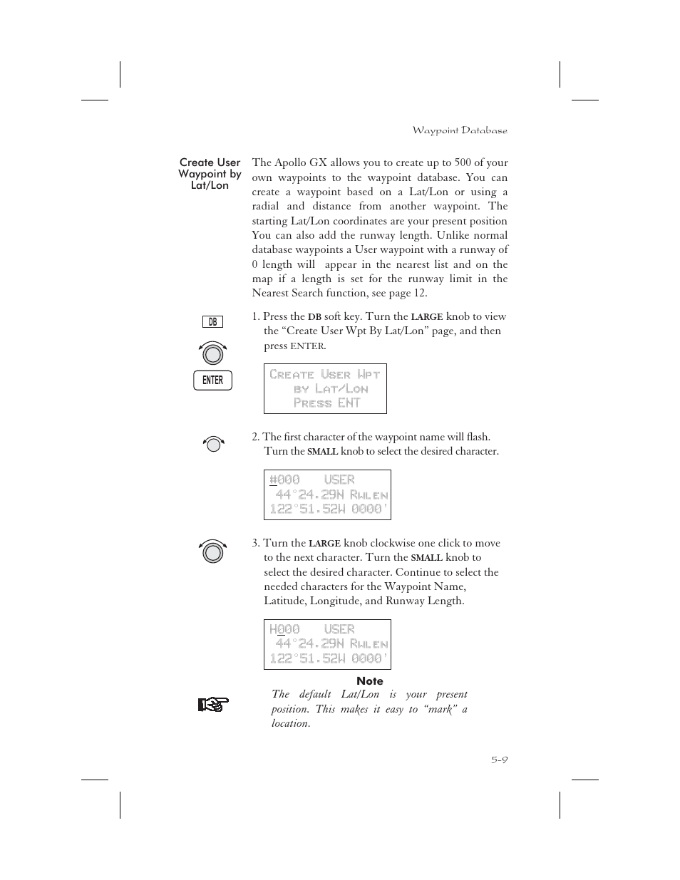 Create user waypoint by lat/ lon 5-9, Create 5-9 - 5-10, Create user waypoint by lat/lon -9 | Apollo 65 User Manual | Page 119 / 324