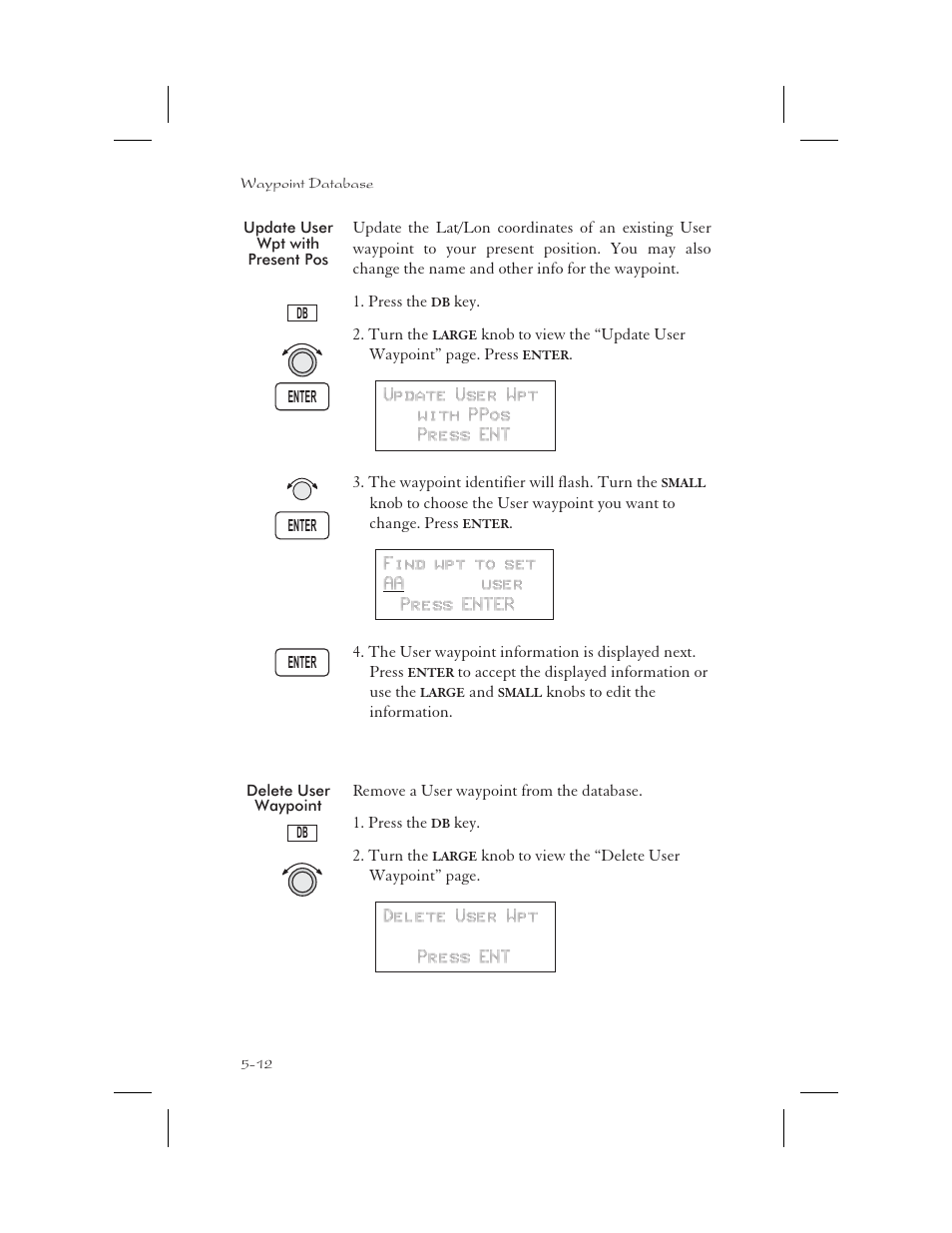 Update user wpt with present pos 5-12, Delete user waypoint 5-12, Update user wpt 5-12 | Delete 5-12, Update position 5-12, Update user 5-12, Update user wpt with present pos -12, Delete user waypoint -12 | Apollo 65 User Manual | Page 122 / 324