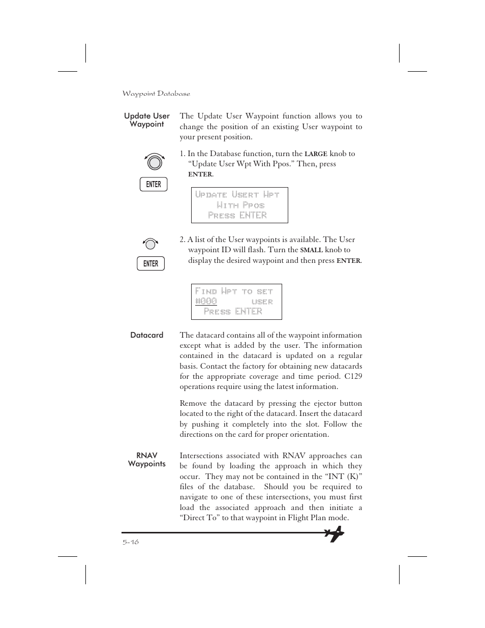 Update user waypoint 5-16, Datacard 5-16, Rnav waypoints 5-16 | Rnav 5-16, 9-1, Update user waypoint -16, Datacard -16, Rnav waypoints -16 | Apollo 65 User Manual | Page 126 / 324