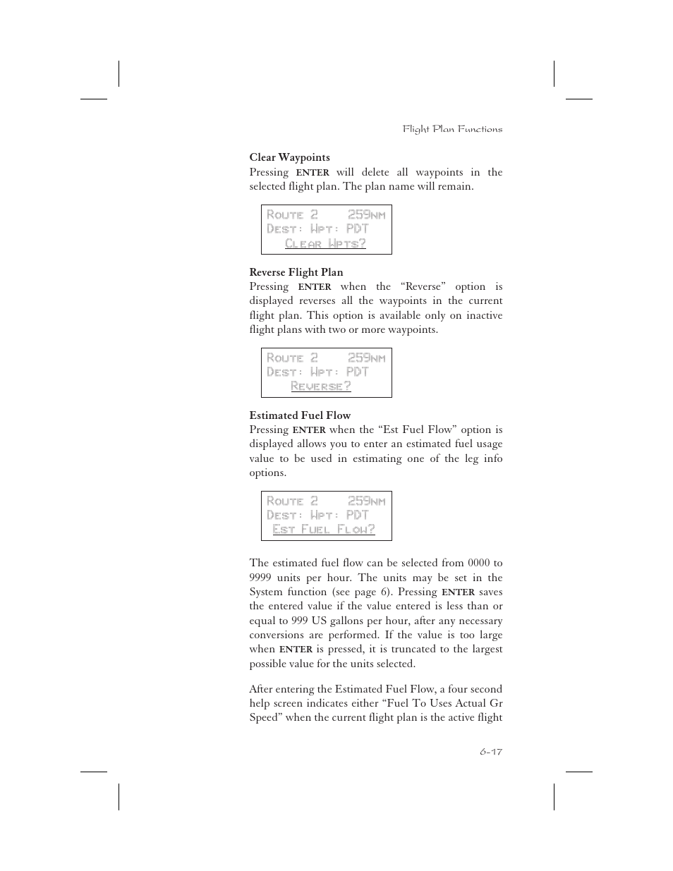 Clear waypoints 6-17, Reverse flight plan 6-17, Estimated fuel flow 6-17 | Clear flight plan wpts 6-17, Clear waypoints -17, Reverse flight plan -17, Estimated fuel flow -17 | Apollo 65 User Manual | Page 143 / 324